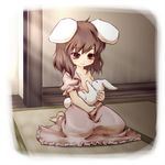  animal_ears barefoot black_hair breast_feeding breast_slip breasts brown_eyes brown_hair bunny bunny_ears bunny_tail commentary_request inaba_tewi noya_makoto one_breast_out small_breasts solo tail touhou 