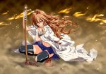  aisaka_taiga bokken brown_eyes brown_hair fire long_hair nebachuu panties sarashi solo sword thighhighs toradora! torn_clothes underwear weapon wind wooden_sword 