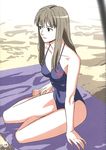  artist_request barefoot beach brown_hair fujino_shizuru long_hair my-hime one-piece_swimsuit red_eyes solo swimsuit 
