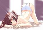  ass bed brown_hair butt_crack green_eyes original panties solo takase_hiro top-down_bottom-up topless twintails underwear white_panties 