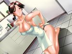  1girl apron areola_slip areolae armpits bangs barefoot black_panties blush breasts brown_eyes brown_hair bursting_breasts cleavage dutch_angle erect_nipples feet floor game_cg housewife indoors kitchen kneeling large_breasts milf naked_apron on_floor panties parted_bangs plant ponytail potted_plant seiza shadow shijou_saikyou_no_deshi_ken'ichi shijou_saikyou_no_deshi_kenichi shirahama_saori short_hair sitting smile soles solo st.germain-sal underwear window 