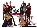  5boys androgynous arsene_lupin_iii bad_id bad_pixiv_id beard breasts cleavage cowboy_bebop crossover dog edward_wong_hau_pepelu_tivrusky_iv ein_(cowboy_bebop) facial_hair faye_valentine fedora formal goggles gun hat highres ishikawa_goemon_xiii jacket japanese_clothes jet_black jigen_daisuke katana lupin_iii medium_breasts mine_fujiko multiple_boys multiple_girls object_on_head pinky_out red_jacket reverse_trap sideburns spike_spiegel suit sunglasses sword weapon welsh_corgi zz 