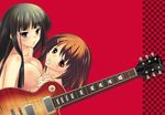  akiyama_mio bangs black_hair blue_eyes blunt_bangs blush body_blush breasts brown_eyes brown_hair guitar hirasawa_yui holding_hands instrument interlocked_fingers k-on! large_breasts mouth_hold multiple_girls nude plectrum tama_two_(fukuya) yuri 