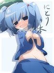  blue_eyes blue_hair blush character_name child cover cover_page covering empty_eyes groin hat kawashiro_nitori lying midriff navel oka_(bananashoe) on_back open_clothes open_shirt shirt solo tears touhou twintails two_side_up 