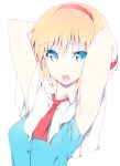 1girl :o alice_margatroid armpits arms_behind_head arms_up bangs blonde_hair blue_dress blue_eyes breasts capelet commentary_request dress eyebrows_visible_through_hair hair_between_eyes hairband looking_at_viewer medium_breasts nirap open_mouth red_hairband red_neckwear short_hair simple_background sleeveless sleeveless_dress solo touhou upper_body white_background white_capelet wing_collar 