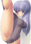  blue_hair breasts cameltoe copyright_request covered_nipples fat_mons flexible groin kneepits kourourin large_breasts leg_up leotard long_hair ponytail purple_eyes side_ponytail skin_tight solo split standing standing_on_one_leg standing_split 