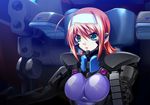  :o ahoge angry armor bangs bodysuit bou breasts cockpit game_cg gloves green_eyes hair_between_eyes hairband highres large_breasts looking_to_the_side muvluv muvluv_alternative open_mouth pilot_suit purple_bodysuit red_hair skin_tight solo suzumiya_akane v-shaped_eyebrows 