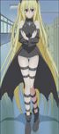  ass_visible_through_thighs bad_aspect_ratio bare_shoulders belt blonde_hair boots breast_hold breast_squeeze breasts cleavage detached_sleeves highres konjiki_no_yami large_breasts legs long_hair older panties screencap solo stitched thigh_gap thigh_strap third-party_edit to_love-ru underwear 