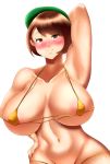  1girl armpits belly beret bikini blush breasts brown_eyes brown_hair creatures_(company) eyebrows female_protagonist_(pokemon_swsh) game_freak hat highres huge_breasts matching_hair/eyes micro_bikini nintendo pokemon pokemon_swsh short_hair simple_background smile solo stomach swimsuit white_background 