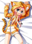  :&lt; animal_ear_fluff animal_ears animal_hood bad_id bad_pixiv_id blue_eyes cat_hood child flat_chest highres hood long_hair lying pani_poni_dash! panties panty_pull pink_hair rebecca_miyamoto solo tail tiger_tail umekichi underwear white_panties 