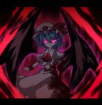  amputee ascot bad_id bad_pixiv_id bat_wings blood bloody_clothes blue_hair brooch fang glowing glowing_eyes hat highres injury jewelry kiyomin red_eyes remilia_scarlet severed_limb short_hair solo touhou wings 