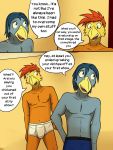  anthro avian bird bluebird briefs bulge chicken clothed clothing comic dialogue english_text fuze johnny_(fuze) josh_oliver male nipples texnatsu text tighty_whities topless underwear 