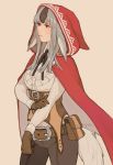  1girl animal_ears artist_name belt black_hair brown_gloves cloak closed_mouth fire_emblem fire_emblem_if gloves grey_hair highres hood hood_up hooded_cloak jivke long_sleeves multicolored_hair nintendo pouch red_eyes simple_background solo streaked_hair tail velour_(fire_emblem_if) wolf_ears wolf_tail 
