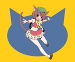  adapted_costume animal_ears bad_id bad_pixiv_id brown_hair cat_ears cat_tail chen earrings fang foreshortening hat ica jewelry midriff open_mouth outstretched_arms red_eyes short_hair simple_background smile solo spread_arms tail touhou wristband 