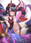  1girl bangs bare_shoulders blush bob_cut breasts cup earrings elbow_rest eyeliner fate/grand_order fate_(series) groin highres holding horns japanese_clothes jewelry looking_at_viewer low_ponytail makeup navel oni oni_horns panties pasties pouring purple_eyes purple_hair raijuu_(bakanara) revealing_clothes sakazuki short_eyebrows short_hair short_ponytail shuten_douji_(fate/grand_order) shuten_douji_(halloween_caster)_(fate) side-tie_panties sidelocks sitting skindentation small_breasts smile solo stomach thick_eyebrows thighhighs turquoise_(gemstone) underwear untied untied_panties 