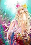  bare_shoulders blonde_hair coral fins fish flower head_fins long_hair mermaid monster_girl solo underwater watermark 