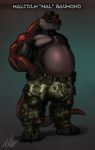 2019 anthro belly belt biceps big_belly bleats bulge camouflage_pants clothed clothing digital_media_(artwork) dinosaur grey_skin grey_tail grin knee_pads looking_at_viewer malcolm_gaumond male mature_male military military_cap military_uniform model_sheet multicolored_skin muscular overweight pants partially_clothed pecs red_skin red_tail reptile scalie simple_background smile solo teeth text theropod two_tone_tail tyrannosaurid tyrannosaurus tyrannosaurus_rex uniform yellow_eyes 