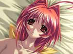 ahoge bed blush bou game_cg kagami_sumika lying muvluv muvluv_alternative on_back red_eyes red_hair solo 