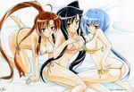  3girls ahoge all_fours ass bachou back barefoot bed bikini black_hair blue_hair blush breast_suppress breasts brown_hair butt_crack chouun cleavage copyright_name covered_nipples embarrassed feet hiratsuka_tomoya kan'u kneeling koihime_musou large_breasts long_hair looking_back micro_bikini multiple_girls non-web_source official_art open_mouth pink_eyes ponytail side-tie_bikini side_ponytail sideboob signature sitting soles swimsuit thong_bikini underboob very_long_hair watermark yellow_eyes 