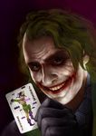  batman_(series) card clown dc_comics glasgow_smile green_hair holding holding_card male_focus pongotown realistic smile solo the_dark_knight the_joker 