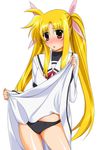  black_panties blonde_hair blush dress dress_lift fate_testarossa long_hair lyrical_nanoha mahou_shoujo_lyrical_nanoha mahou_shoujo_lyrical_nanoha_a's panties red_eyes ribbon school_uniform seishou_elementary_school_uniform solo twintails underwear very_long_hair yuuki1103 