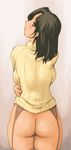  ass black_hair blush bottomless copyright_request garter_belt ishida_masayuki mature short_hair solo sweater thighhighs 