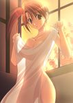  bed_sheet breasts brown_eyes collarbone covering groin holding medium_breasts naked_sheet nude nude_cover orange_hair original red_hair see-through side_ponytail solo sunset takepon window 