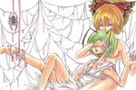  antennae barefoot blonde_hair bow breasts cleavage green_hair hair_bow highres ichima_(momo_no_ichi) kurodani_yamame medium_breasts multiple_girls nude open_mouth red_eyes silk spider_web torn_clothes touhou wriggle_nightbug yuri 