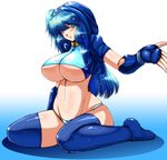  :3 bad_id bad_pixiv_id blue_eyes blue_hair blush breasts fingerless_gloves gloves highres huge_breasts kneeling midriff original panties thighhighs underboob underwear wide_hips za_(artist) 