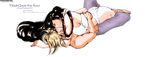  1girl aerisdies ass black_hair blonde_hair blush chibigou cloud_strife couple earrings engrish final_fantasy final_fantasy_vii hetero hug jewelry kiss long_hair lying panties ranguage tifa_lockhart topless underwear watermark 