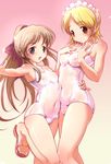  blonde_hair blush brown_eyes brown_hair flat_chest grey_eyes haruka_ni_aogi_uruwashi_no hug kazamatsuri_miyabi leg_lift legs lilia_iliinichna_mejoueva long_hair maid moupii_(hitsuji_no_ki) multiple_girls nipples one-piece_swimsuit ponytail sandals school_swimsuit see-through short_hair standing swimsuit white_school_swimsuit white_swimsuit 