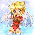  angel_wings armor bad_id bad_pixiv_id blonde_hair blush breath_of_fire breath_of_fire_i cameltoe chibi elbow_gloves gloves green_eyes leotard nina_(breath_of_fire_i) open_mouth red_leotard short_hair thighhighs white_wings wings zipang_(zip@ng_works) 