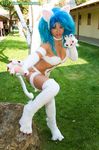  angelicstar animal_ears blue_hair boots breasts capcom cat cat_ears cat_tail catgirl claws cleavage cosplay darkstalkers felicia fur grass large_breasts long_hair neko paws photo photo_shoot photograph pose posing tail vampire_(game) 