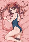  ass bare_shoulders barefoot bed brown_eyes brown_hair hair_ribbon hands imo_works legs long_hair looking_at_viewer lying on_side one-piece_swimsuit pillow pillow_hug ribbon school_swimsuit shirai_kuroko smile solo swimsuit thigh_strap thighs to_aru_majutsu_no_index twintails 