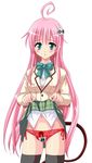  antenna_hair bangs blush censored cropped_legs crotchless_panties demon_tail female green_eyes highres lala_satalin_deviluke long_hair panties pink_hair pink_panties pussy ribbon school_uniform shaved_pussy side-tie_panties simple_background skirt skirt_lift solo standing tail thighhighs to_love-ru toloveru underwear white_background 