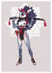  anthro areola breasts canid canine clothing female fur grey_fur hair half-closed_eyes hi_res horn katana loincloth mammal melee_weapon nipples nox_(artist) oni paws simple_background smile solo standing sword teeth weapon 