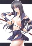  artist_request black_hair breasts ga-rei ga-rei_zero highres isayama_yomi katana large_breasts long_hair nipples no_bra non-web_source purple_eyes sheath smile solo sword torn_clothes unsheathing very_long_hair weapon 