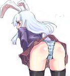  alternate_hair_color animal_ears ass bent_over blazer blue_hair blush bunny_ears bunny_tail homura_subaru jacket long_hair looking_back panties plaid red_eyes reisen_udongein_inaba skirt solo striped striped_panties tail thighhighs touhou underwear upskirt 
