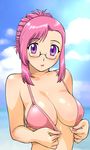  blush breasts cleavage cloud day front-tie_top glasses hair_up kazami_mizuho large_breasts lipstick makeup ocean onegai_teacher outdoors pince-nez pink_hair purple_eyes sky solo ueyama_michirou undressing water 