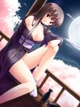  alcohol blush breasts brown_hair cherry_blossoms cleavage cloud copyright_request dutch_angle head_tilt highres japanese_clothes large_breasts long_hair massan moon night no_panties off_shoulder red_eyes sake sitting sky smile socks solo tokkuri very_long_hair 