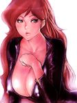 bodysuit breasts brown_hair cleavage covered_nipples eyelashes fumio_(rsqkr) huge_breasts lips long_hair lupin_iii mine_fujiko no_bra red_hair shiny shiny_clothes sketch skin_tight solo 