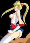  1girl ass bishoujo_senshi_sailor_moon blonde_hair breasts breasts_out breasts_outside censored clothed_sex cum cum_in_pussy cum_inside girl_on_top large_breasts legwear no_panties pussy_juice sailor_moon sex thighhighs torn_clothes tsukino_usagi vaginal white_legwear wince zettai_ryouiki 