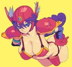  armor bad_id bad_pixiv_id blue_eyes breasts cleavage cropped_legs dragon_quest dragon_quest_iii elbow_gloves gloves hand_on_hip helmet large_breasts leaning_forward metata oekaki purple_hair red_armor simple_background smile soldier_(dq3) solo yellow_background 