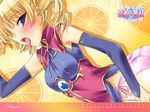  2009 ass august blonde_hair blue_eyes blush breasts calendar_(medium) copyright_name covered_nipples drill_hair food fruit highres kantaka koihime_musou medium_breasts official_art orange panties saliva side-tie_panties solo sousou tongue twintails underwear watermark 