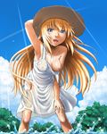  armpits arms_up bare_shoulders blonde_hair blue_eyes breast_slip breasts cloud copyright_request day dress hat leaning_forward long_hair medium_breasts minazuki_tsuyuha nipples one_breast_out see-through sky smile solo standing strap_slip tree wet 