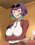  :q breasts cleavage earrings gloves jewelry jouwan kate_(pokemon) large_breasts licking naughty_face pokemon pokemon_(game) pokemon_dppt pokemon_platinum purple_hair red_eyes solo sunglasses tongue tongue_out 