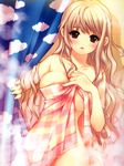  after_shower areolae blonde_hair blush breasts copyright_request highres large_breasts long_hair naked_towel nude open_towel red_eyes shirahane_nao solo steam thigh_gap towel 