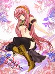  armband belt boots breasts green_eyes headphones knee_boots long_hair medium_breasts megurine_luka microphone midriff mike_(mikenekotei) pink_hair solo thighhighs underboob vocaloid 