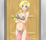  bianca bikini blonde_hair blue_eyes braid breast_hold breasts choker cleavage dancer dancer's_costume_(dq) door dragon_quest dragon_quest_v earrings embarrassed hair_over_shoulder jewelry large_breasts long_hair navel pelvic_curtain single_braid solo swimsuit 