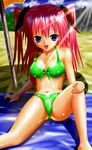  absurdres bad_anatomy bad_id bad_pixiv_id bikini copyright_request highres pink_hair purple_eyes sand shade solo spread_legs swimsuit twintails wet yamakamu 